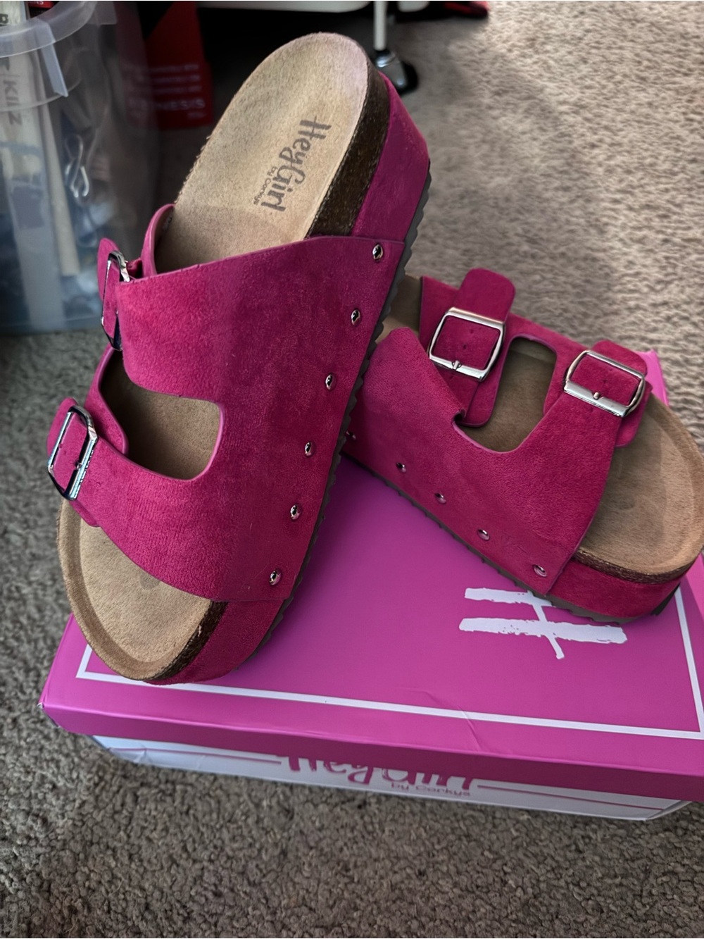 Corkys Fuchsia Suede Double-Buckle Platform Slides